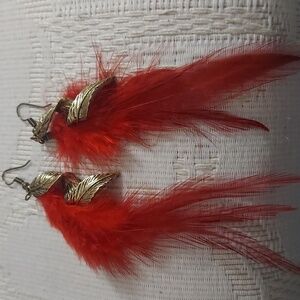 Vintage Red Feather  Bohemian Gold Leaf Long Earrings